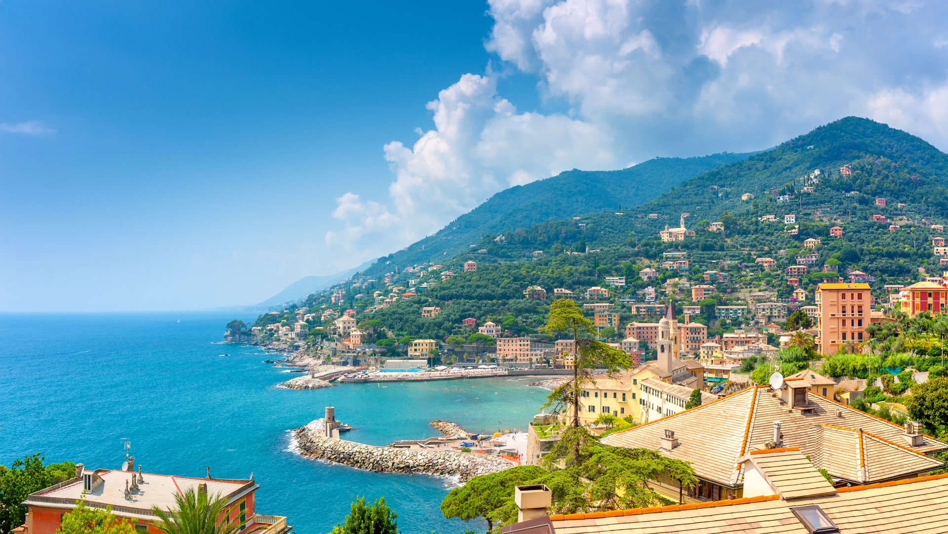 Mediterranean coastline near Cagliari with pastel houses