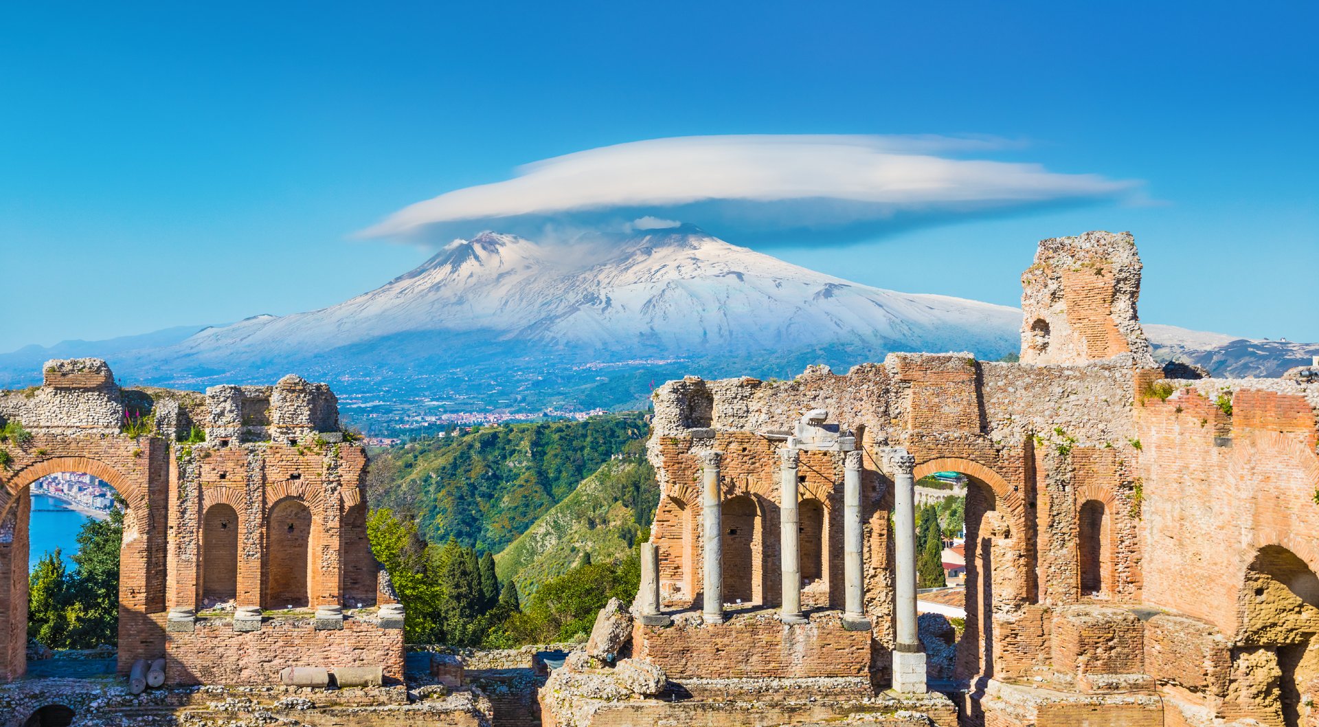 Taormina's Greek Theatre with Mt Etna behind