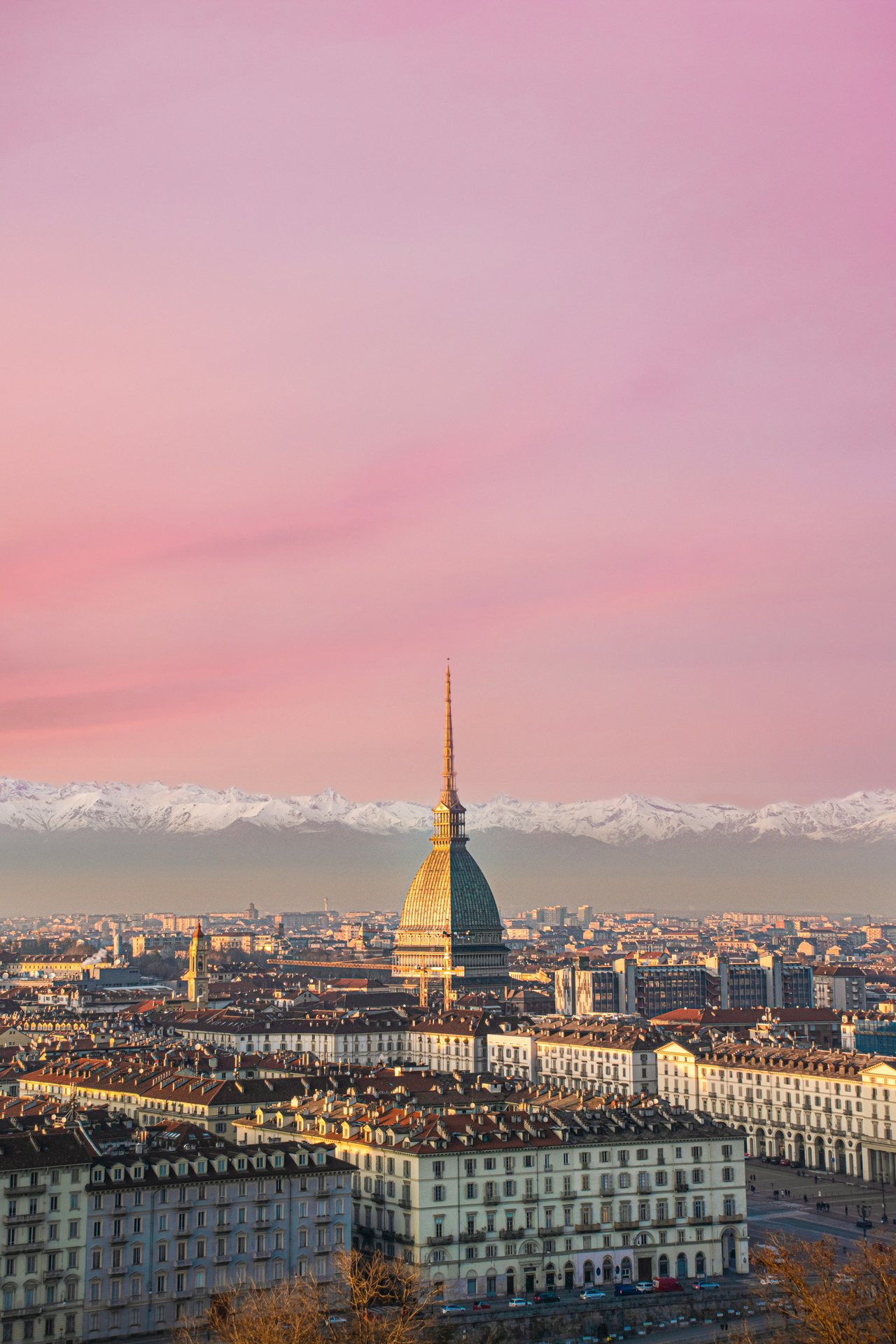 The Mole Antonelliana over Turin with the Alps behind